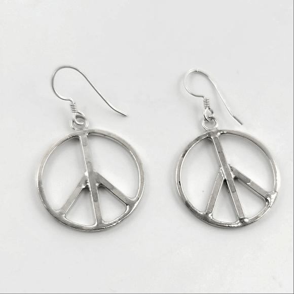 Silver Peace Sign Dangle Earrings - Picture 3 of 4